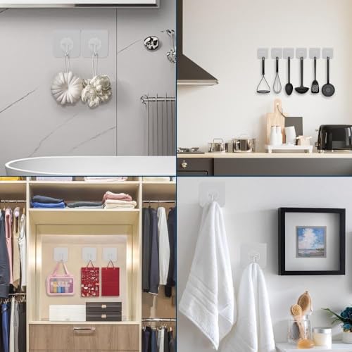 24 PCS Self Adhesive Hooks - 15kg/33lb Max, Transparent Sticky Hooks for Hanging, Heavy Duty Wall Hooks Stick on for Hanging Coat, Towel, Picture, Keys, Wreath - Christmas Light Hooks