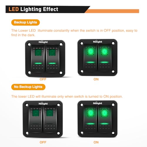 Image of Nilight 2 Gang Rocker Switch Panel SPST On Off Toggle with DIY Label Sticker | 5PIN Electrical 12V /20A 24V /10A Aluminum Plate with Pre-Wired Jumper Wires for LED Light Bar RV Boats 4X4 Cars Green
