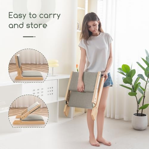 HIGOGOGO Japanese Floor Chair with Back Support, Foldable Meditation Chair, Legless Tatami Chair with Cushion, Floor Seat for Living Room, Bedroom, Bay Window, Grey