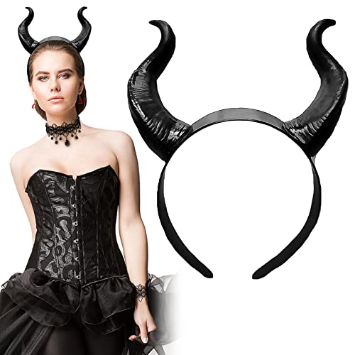 Cornes Reine Méchante ,3 pièces Cornes Diable Halloween Set, Serre-tête Corne - Bandeau Halloween, Collier avec Dentelle & Bracelet, Noir - pour Fête Halloween Carnaval Cosplay Maleficent Party Cover