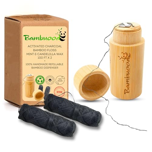Vegan Biodegradable Activated Charcoal Bamboo Dental Floss. Candelilla Wax & Peppermint. Handmade Refillable Organic Bamboo Dispenser . Zero Waste Oral Care (Dispenser +2 Refills)