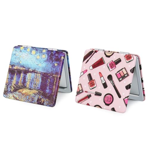 Pocket Mirror for Women, 2 Pcs Square 2.8” PU Style Double Sided 1X/3X Mirror for Purse Travel Compact Mirror (OP02Cn01)