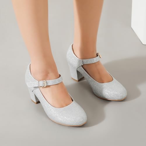 Women's Mary Jane Shoes Low Block Heel Ankle Strap Closed Round Toe Pumps Dress Wedding Office Work Church Shoes Silver Glitter 41-9US by Eugisy - Used condition - Image 2