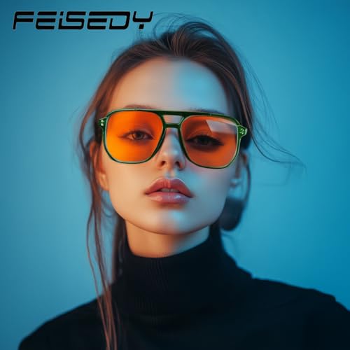 Image of FEISEDY Retro 70s Blue Light Filter Glasses 99.99% Blue Light Blocking Gaming Glasses Computer Glasses for Men Women Amber Tinted G2835