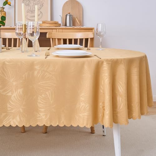 EFFICINATURE Oval Tablecloth 60x84 Inch Golden Table Cloth Leaves Pattern Scalloped Edge Silky Soft Fabric Waterproof Wrinkle Free Washable Table Cover for Kitchen Dinning Party Decoration by EFFICINATURE - Used condition - Image 3