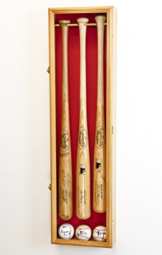 3 Baseball Bat Display Case Cabinet Holder Wall Rack Custom Options 98% UV - Lockable (Oak Wood Finish, Red Felt - Vertical Mounting)