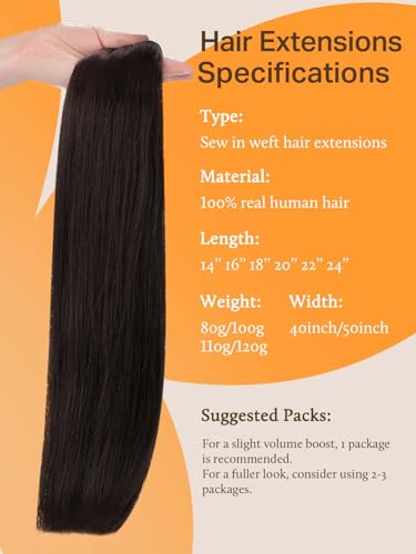 Image of DOORES Sew in Weft Extensions Remy Hair, 22 Inch 110g Dark Brown Sew in Hair Extensions Real Human Hair Silky Straight Bundles for Women
