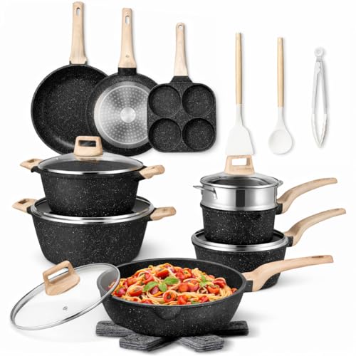 BAKAJI Batería de ollas y sartenes de 21 piezas de inducción y gas, juego apto para todas las placas de cocción, antiadherente de aluminio fundido a presión y efecto granito con tapa y accesorios