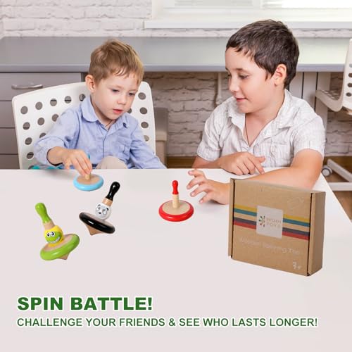 WODI 3PCS Wooden Spinning Tops - Adorable Animal Gyroscope Toys for Toddlers, Safe & Fun Montessori Educational Gift, Fidget Spinner for Kids/Toddlers (#2) - Thumbnail 2