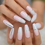 EDA LUXURY BEAUTY SILVER PINK OMBRE SHIMMER FRENCH LUXE DESIGN Full Cover Press On Nails Acrylic Nail Kit Artificial Nail Tips False Nails Extra Long Ballerina Coffin Square Nail Art Fake Nails