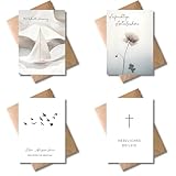 WBdesignz 4er-Set Trauerkarten mit Umschlägen - elegante Beileidskarten mit Segelboot, Blume, Vögeln & Kreuz - liebevolle Anteilnahme für Trauer, Beisetzung, Beileidsbekundungen & Abschied (DIN A6)