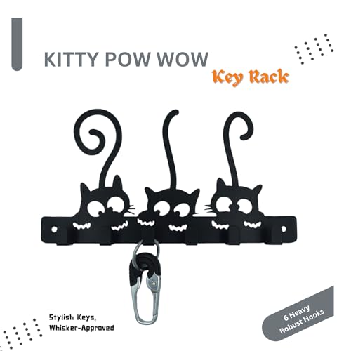 Image of Key Holder for Home, Metal Wall Mounted, 6 Hooks (Cat Duo) | Cat Design, Includes Mounting Screws, For Home Use, 6 Hook Hanger, Metal Construction