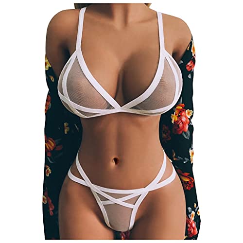 FABIURT Womens Underwear,Lingerie for Women,Women's Lace Lingerie Bra and Panty Set Strappy Babydoll Bodysuit White