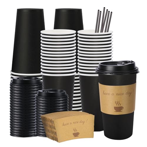 BYSNOW 20 oz 50 pack Disposable Paper Coffee Cups Paper To Go Cups with Lids Sleeves and Stirring Sticks Hot Paper Cups for Home Office and Party (Black 20oz)