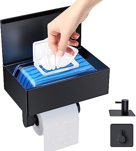 Katorn Toilet Paper Holder with Shelf and Storage, Flushable Wipes Dispenser for Bathroom Wipe Storage, Keep Your Wipes Hidden Out of Sight, SUS304 Stainless Steel Wall Mount Organizer - Matte Black