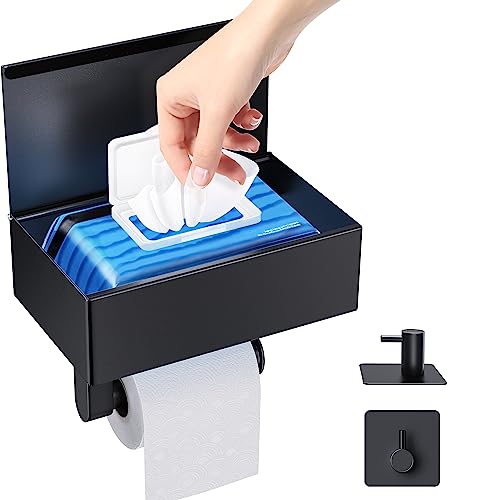 Katorn Toilet Paper Holder With Shelf And Storage, Flushable Wipes Dispenser For Bathroom Wipe Storage, Keep Your Wipes Hidden Out Of Sight, Sus304 Stainless Steel Wall Mount Organizer - Matte Black #TOP1