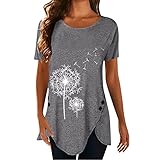 Schicke Oberteile Damen,T-Shirt Mit Rundhalsausschnitt Und LöWenzahndruck, KurzäRmlig, Mit UnregelmäßIgen KnöPfen,Longtop Damen,T Shirt Mit Motiv Damen,Luftige Sommerblusen,SchöNes T Shirt