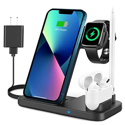 4 in 1 Wireless Charging Station, Fast Wireless Charger Charging Stand Compatible with Apple Watch 7 SE 6 5 4 3 2, AirPods Pro/3 and Pencil, Charging Dock for iPhone 13, 12, 11, 11 Pro max, Xr, Xs, X