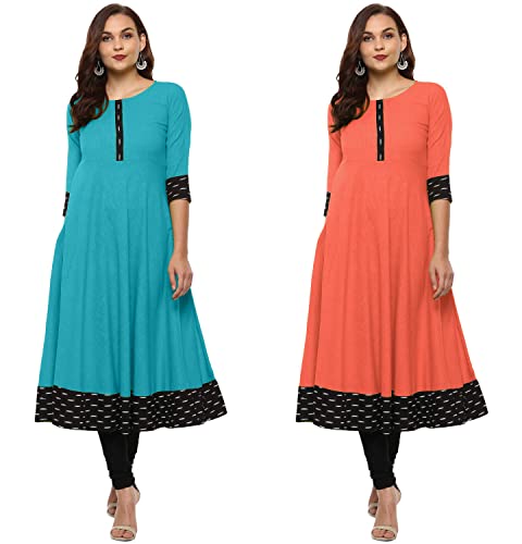 Image of NATEK Cotton Anarkali Printed Border Kurtis for Women Combo Pack of 2