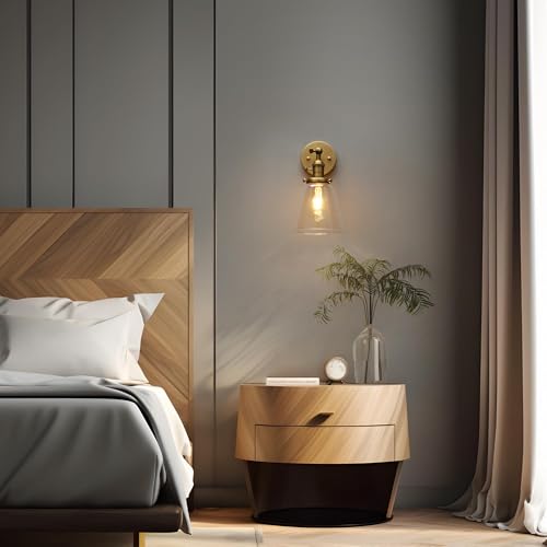 Image of PERMO Industrial Wall Sconce Single Brass Sconce with On Off Switch Funnel Flared Clear Glass Hand Blown Shade Hardwired (Antique Glod)