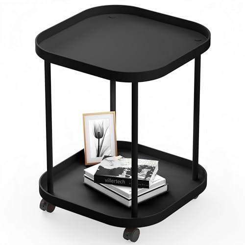 villertech Side Table with Wheels, End Table Living Room Plastic Mobile Sofa Side Table Small Night Stand Bedroom Black