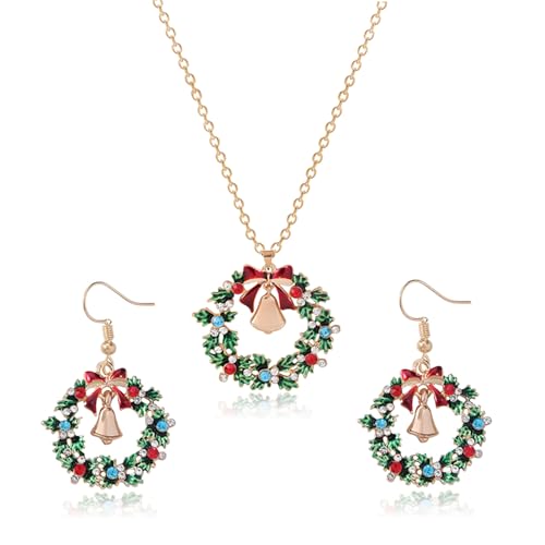 Juego de collar y aretes de campana de corona de Navidad de esmalte y diamantes en oro para mujer