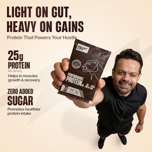 Image of BeastLife Performance Yeast Protein Powder | 25g Protein | Chocolate |NABL Lab Certified | High Absorption for Muscle Growth |Smooth & Light, Easy to Digest with Ultrasorb Tech|5.64g BCAA | Best For Gut | Beta Glucan | Improves Immune Function | 40g