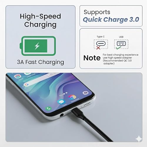 Image of Teeind Micro USB Fast Charging Cable 60W / 3A, 1 Meter Data Sync Cable 480Mbps, Quick Charge 3.0 Compatible for Android Smartphones, Tablets & Micro USB Devices - Durable Black Cable