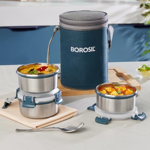 Image of Borosil Stainless Steel Lunch Box with Bag for Office Men & Women, Set of 3