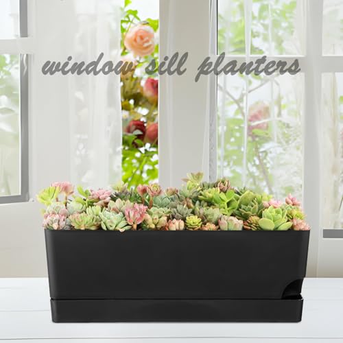Self Watering Pots for Indoor Plants 17 Inches Window Boxes Planters Rectangular Flower Pots Rectangle Herb Pots Large Plant Pots with Drainage Holes and Saucers Windowsill Planter (2, Black)