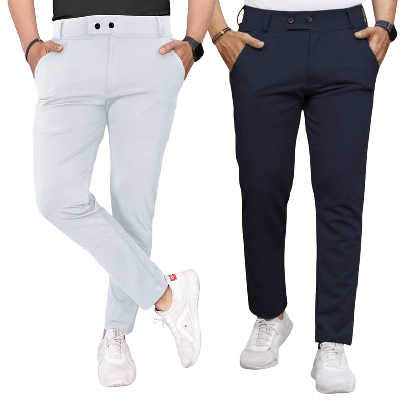 Image of Men Fit Stretch Trousers with Side Pockets | 2-Button Closure | Soft Lycra Blend for Casual & Formal Use