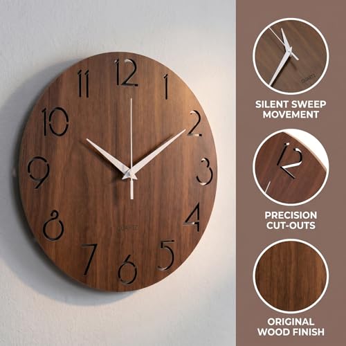Nicunom 12 Inch Wooden Wall Clock, Cut-Out Numbers Design, Rustic Country Style Wall Clocks, Silent Non-Ticking, Decor for Home Living Room Bedroom Kitchen Office - Battery Operated - Image 5