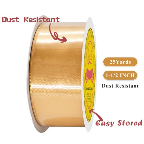Image of Double Face Old Gold Satin Ribbon 1-1 /2 inch X 25 Yards Polyester Old Gold Ribbon for Gift Wrapping Very Suitable for Weddings Party Hair Bow Invitation Decorations and More
