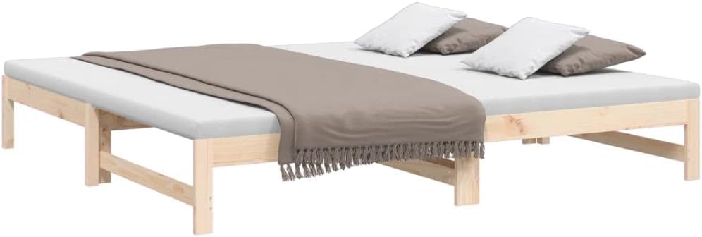 Solid Pine Wood Pull-Out Day Bed Frame, 2x(80x200) cm Extendable Guest Sofa, Durable Twin Bedframe for Bedroom Furniture, Slatted Wood Construction