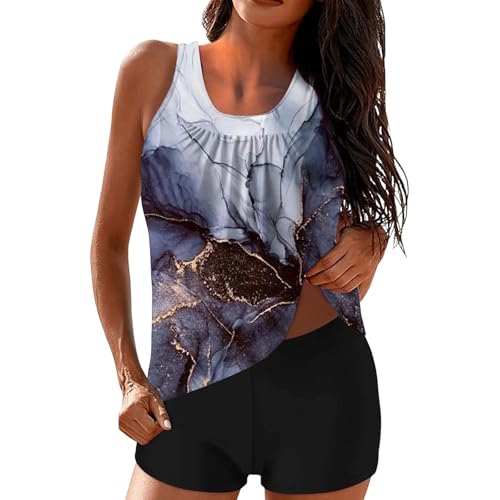 Traje de baño tankini de 2 piezas con estampado floral para mujer, traje de baño atlético con cintura alta, traje de baño modesto para mujer, camiseta sin mangas de verano para playa, 02-3-azul marino