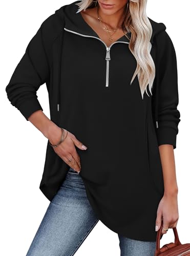 onlypuff Women Hoodie Pullover Trendy Quarter Zipper Lapel Sweatshirts Drawstring Cute Hooded Tunic Tops with Side Pockets
