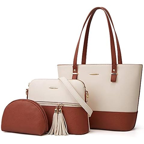 MORGLOVE Women Handbags Large Tote Bag Tassel Crossbody Bag Clutch for Ladies 3 Piece Set (Brown+White) Cover