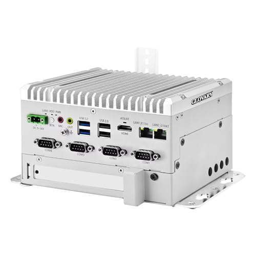 Glovary F1 Industriel Fanless Mini PC J6412 (4C4T, up to 2.6GHz), Micro Ordinateur Din Rail, Barebone, 2 x Gigabit LAN, 4 x RS232 COM, 2USB3.2, 2USB2.0, PCIe, 9-36V Auto Power on