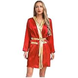 ranrann Boxmantel Damen Satin Kapuzenmantel Kimono Robe mit Taillengürtel Kampfsport Kickboxer Boxer Kostüm Mottoparty Fasching Burgundy 42