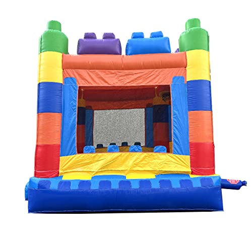 Pogo Bounce House Crossover Inflatable Bounce, Rainbow Building Blocks, 13 x 12 x 14.5 Foot, Outdoor Playhouse for Kids Outdoor Commercial Castle with Basketball Hoop, Blower, Stakes, & Storage Bag