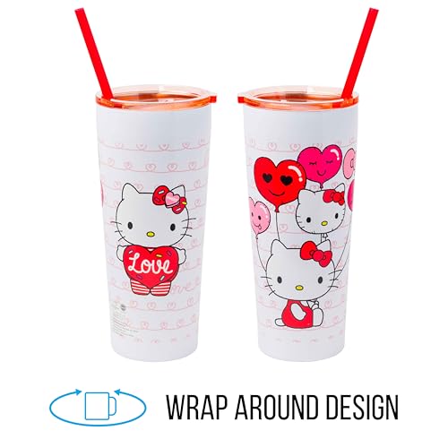 Image of Silver Buffalo Hello Kitty Heart Balloons Double Walled Stainless Steel Tumbler with Straw, 22 Ounces (Pack of 12)