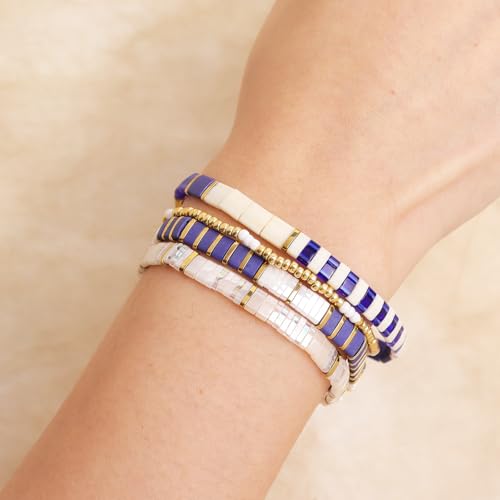 Tila Flat Gold Beaded Bracelets Stretch Set for Women,Handmade Miyuki Glass Square Beads Stack Bracelet Festive Friendship Accessories Jewelry Gift.2