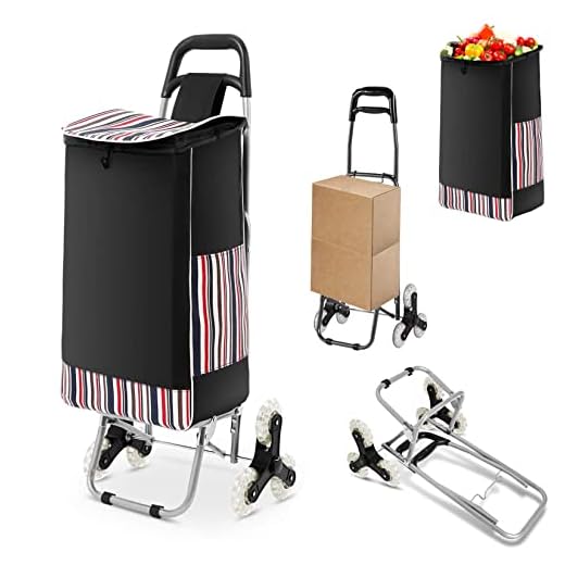 WOOKRAYS Folding Shopping Cart, Stair Climber Shopping Cart 150 lbs Capacity Grocery Cart on Wheels with Detachable Bags 2 Extra Pockets Anti-Slip Bar Trolley Carts Utility Trolley