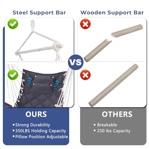 ROOITY Hammock Chair Hanging Swing with Wooden Armrest;Steel Spreader Bar,Pillows,Hardware kit Included;Cotton Woven Fabric;Up to 350 Lbs,for Indoor or Outdoor by ROOITY - Image 4