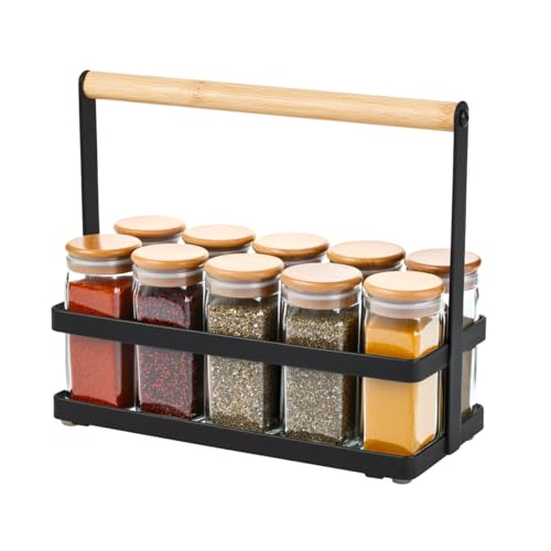 Amig - Organizador de Botes de Especias - Estante para Encimera de Cocina - Acero Negro y Bambú - Almacenamiento de Tarros de Cocina y Especieros - Medidas: 21,5 x 9,5 x 18 cm