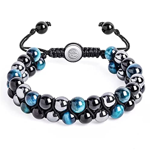 Qucover Triple Protection Bracelet, Blue Tigers Eye Black Obsidian and Hematite Agate 8mm Beads Bracelet for Men Women, Bring Good Luck & Energy Natural Stone Adjustable Bracelet Gift