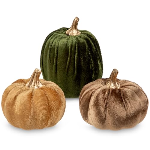 Oairse Velvet Pumpkins for Fall Decor Set of 3 Artificial Pumpkin...