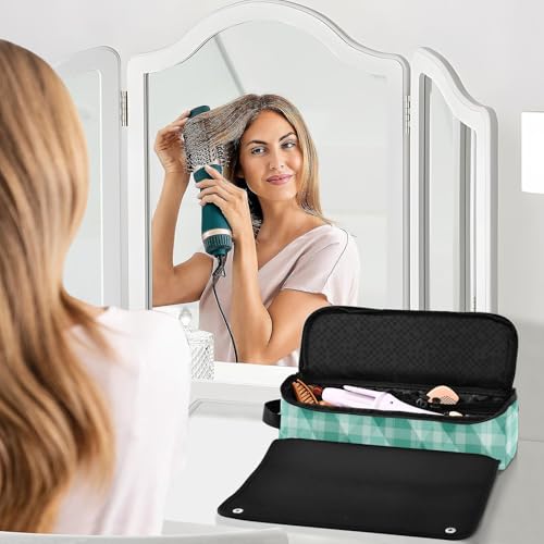 Bolsa de viaje para herramientas de cabello y tapete resistente al calor impermeable con patrón de cuadros verdes y blancos para planchas, rizadores y secadoras miniatura 6