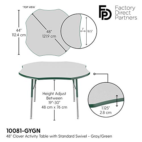 Image of FDP Clover Activity School and Office Table (48 x 48 inch), Standard Legs with Swivel Glides for Collaborative Seating Environments, Adjustable Height 19-30 inches - Gray Top and Green Edge
