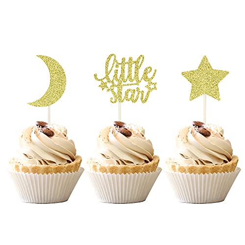 24 Pcs Little Star Cupcake Toppers With Moon Gold Glitter Star Cupcake Picks Baby Shower Kids Birthday Party Cake Decorations Supplies #TOP18